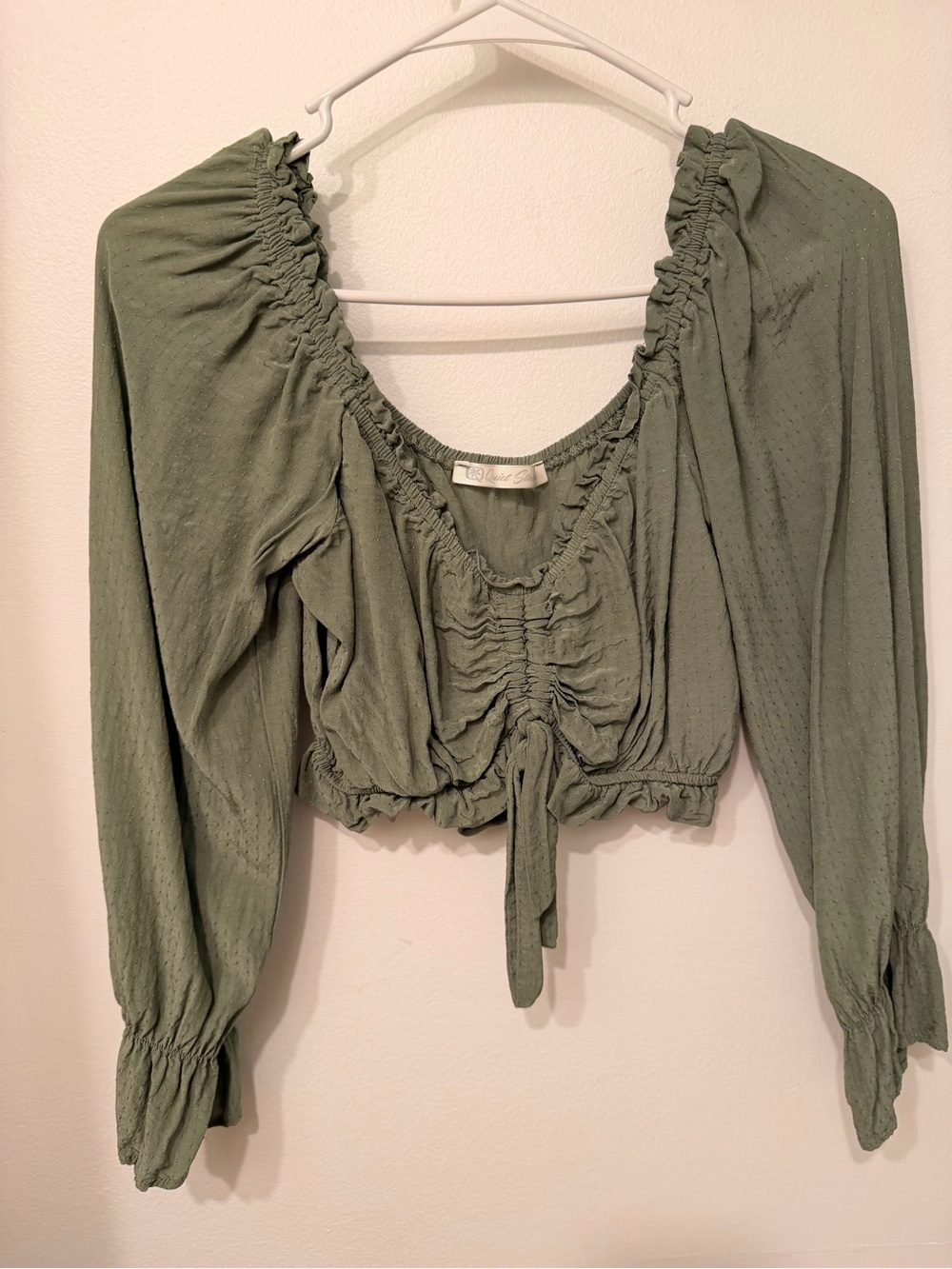 Ruched Olive Green Long-Sleeve Crop Top